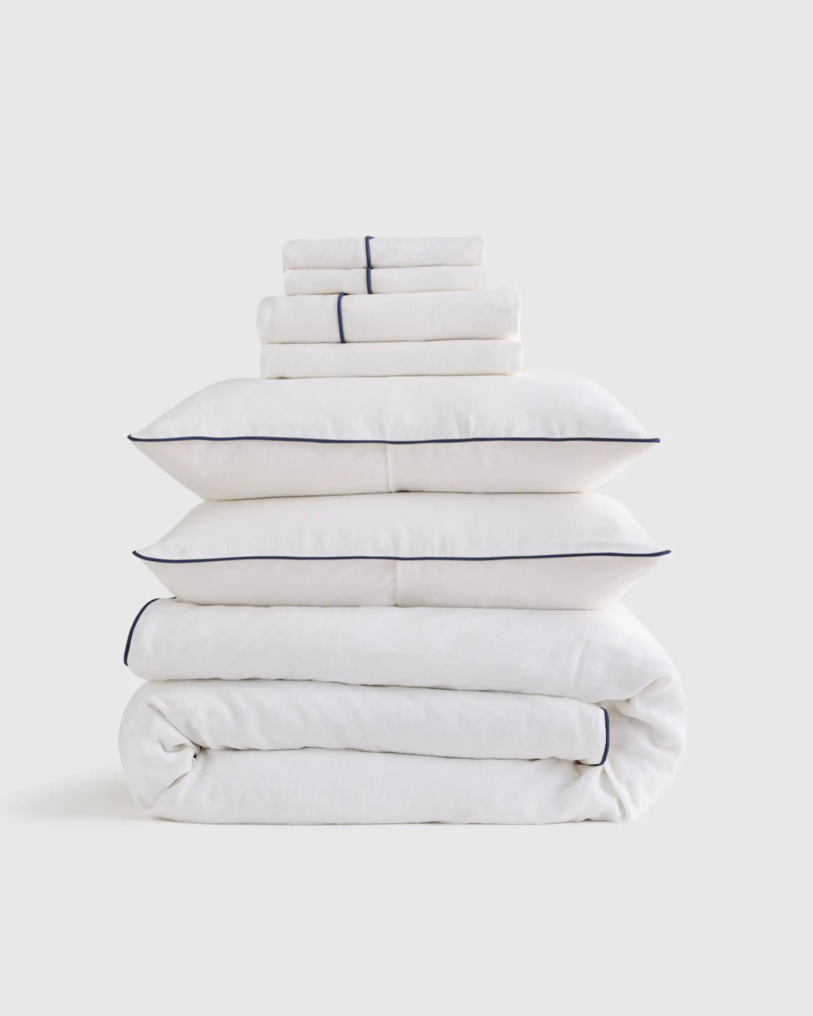 European Linen Piped Deluxe Bedding Bundle in White/Navy | Quince