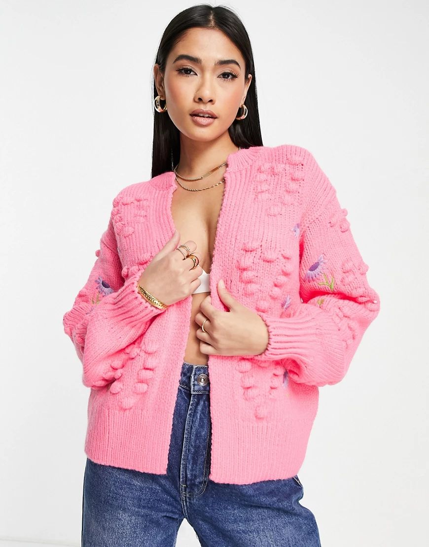 River Island embroidered heart floral cardigan in pink | ASOS (Global)