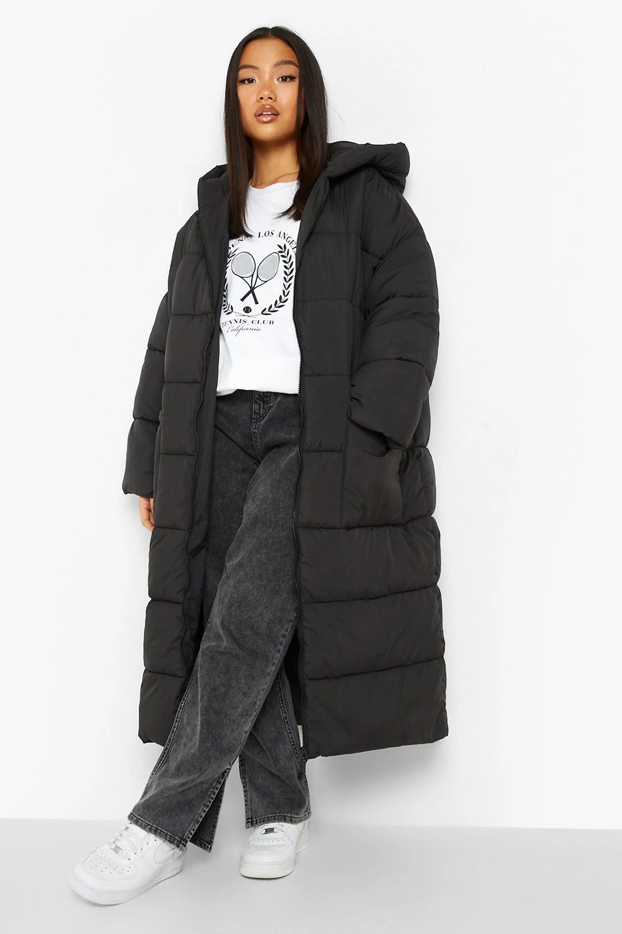 Petite Hooded Longline Puffer Coat | Boohoo.com (US & CA)