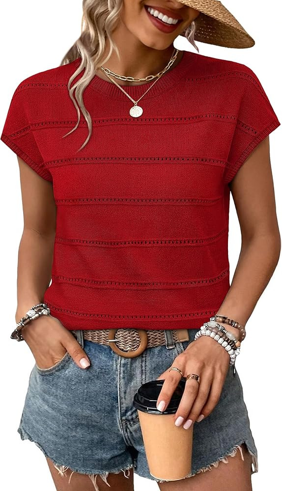 WIHOLL Womens Lightweight Sweater Spring Summer Outfits Cap Sleeve Hollow Out Knit Fashion Clothi... | Amazon (US)