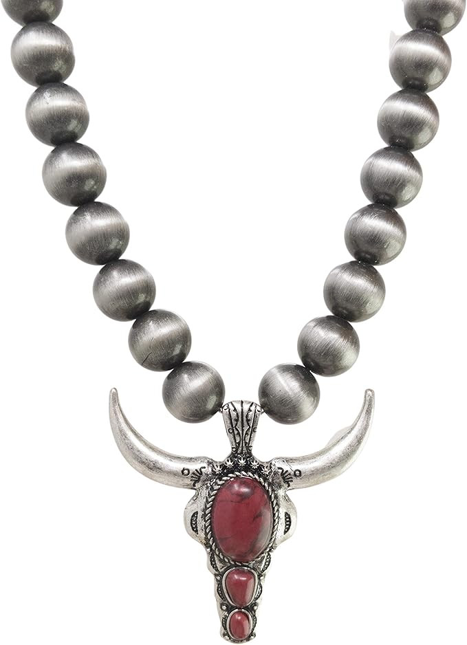 Turquoise Stone Long Horn Steer Skull Pendant Native Pearls Necklace 18 Inch | Amazon (US)