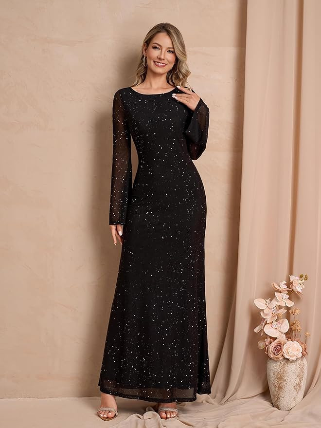 EYNMIN Long Sleeve Maxi Dress Backless Tie Bodycon Mesh 2025 Fall Formal Wedding Guest Dresses fo... | Amazon (US)