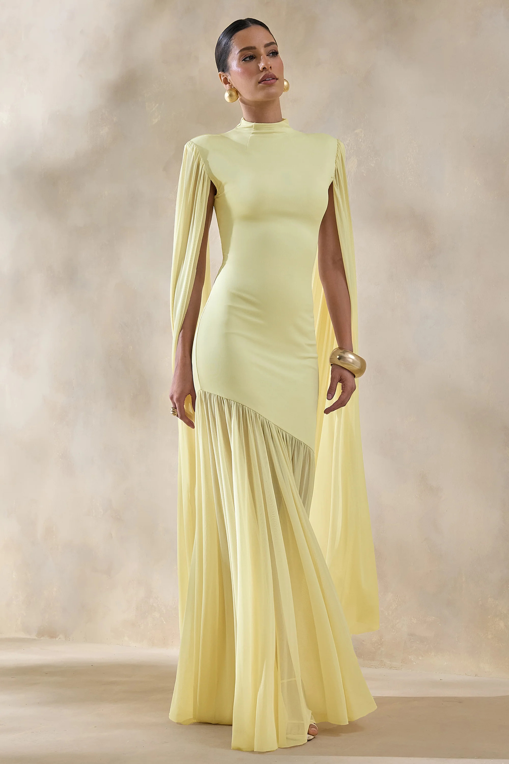 Chantelle | Lemon High-Neck Maxi Dress With Drop-Waist And Cape-Sleeves | Club L London