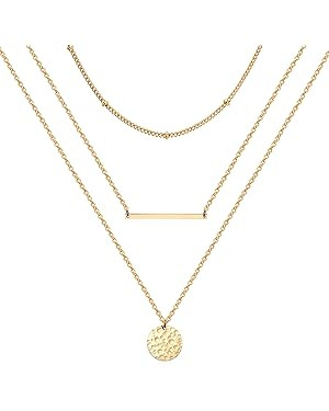 Estendly Dainty Gold Layered Bar Neckalce Moon Pendant Lariat Y Necklace 14K Gold Simple Necklace... | Amazon (US)