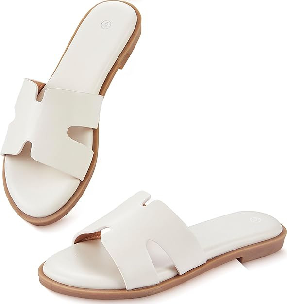 Womens Dressy Flat Sandals Round Open Toe Slides Casual Comfortable Cute Slip On Leather Shoes Su... | Amazon (US)