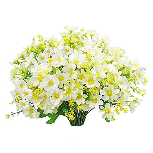 Uieke 6 Bundles Artificial Flowers for Outdoors UV Resistant Fake Daisy Mums Flowers No Fade Faux Plastic Plants Outside Hanging Planter Home Wedding Office Garden Porch Window Box Décor (White) | Amazon (US)
