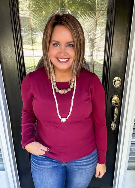 Amazon sweater - true to size/ size up for a roomier fit 
Anchor beads necklaces
Jeans - true to size 