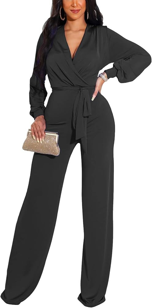 Women's Sexy Sparkly Jumpsuits Plus Size Elegant Clubwear Long Sleeve Wide Leg Pants Rompers with Be | Amazon (US)