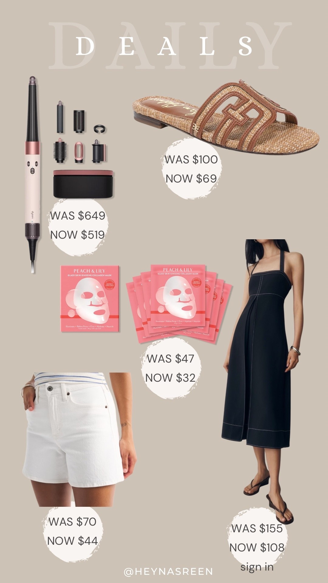 Daily deals on Dyson Airwrap, Sam Edelman sandals, Anthropologie dress, Peach & Lilly collagen sheet masks, Abercrombie shorts