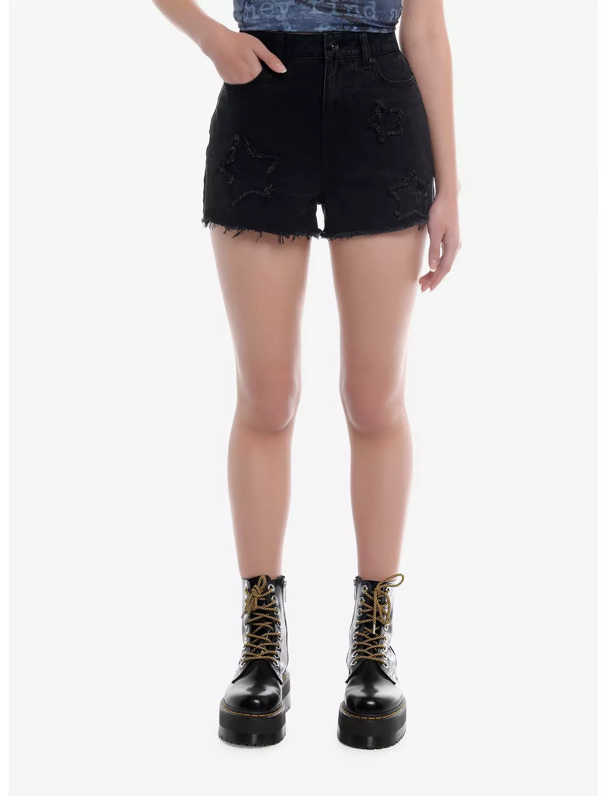 Social Collision® Black Star Patch Girls Denim Shorts | Hot Topic