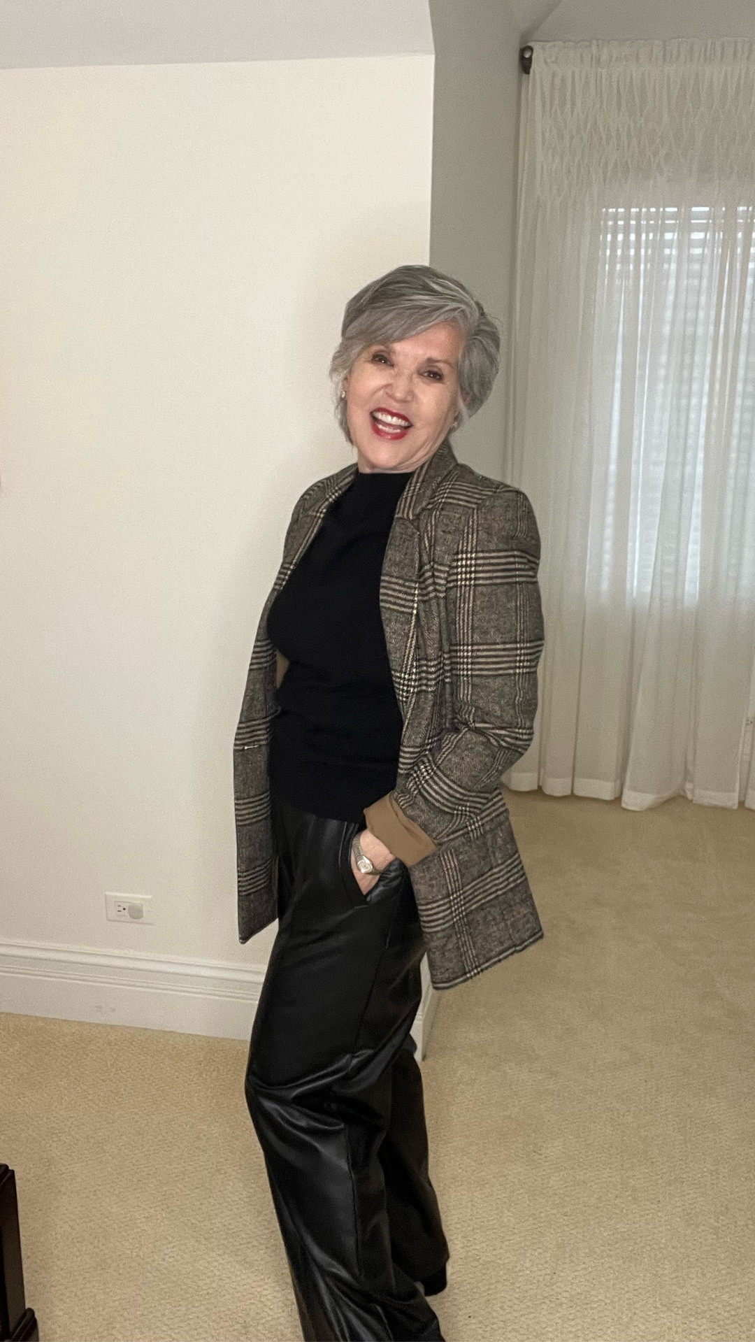 Wear this to work or out to dinner with friends. Take the most attractive black cap-sleeved sweater, add faux leather trousers, black suede booties and a gorgeous glen plaid jacket for the perfect cold weather look that is so sharp!

#LTKWorkwear #LTKootd #LTKgrwm