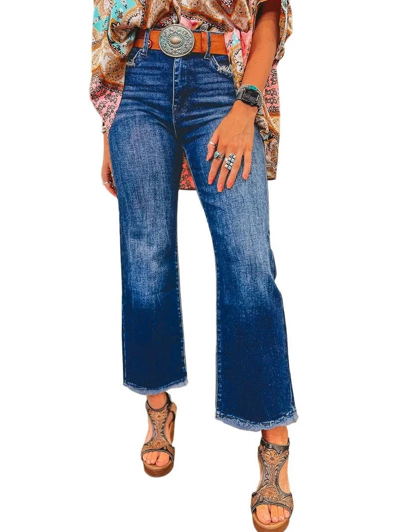 DOKOTOO Women's High Waisted Jeans Stretchy Comfort Fit Flared & Straight Leg Trendy Raw Hem Loos... | Walmart (US)