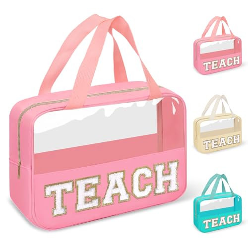 Teacher Appreciation Gifts Chenille Letter Clear Makeup Bag TEACH Pouch, Preppy Waterpoof Makeup Cosmetic Bag with Zipper Graduation Retirement Birthday Teacher Essentials Gifts for Women(TEACH-Pink) | Amazon (US)