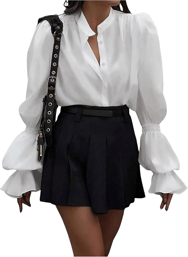 SweatyRocks Women's Puff Sleeve Button Down Shirt Vintage Loose Fit Blouse Dressy Casual Tops | Amazon (US)