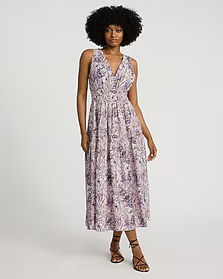 Floral V-Neck Sleeveless Tie Back Tiered Maxi Dress | Express