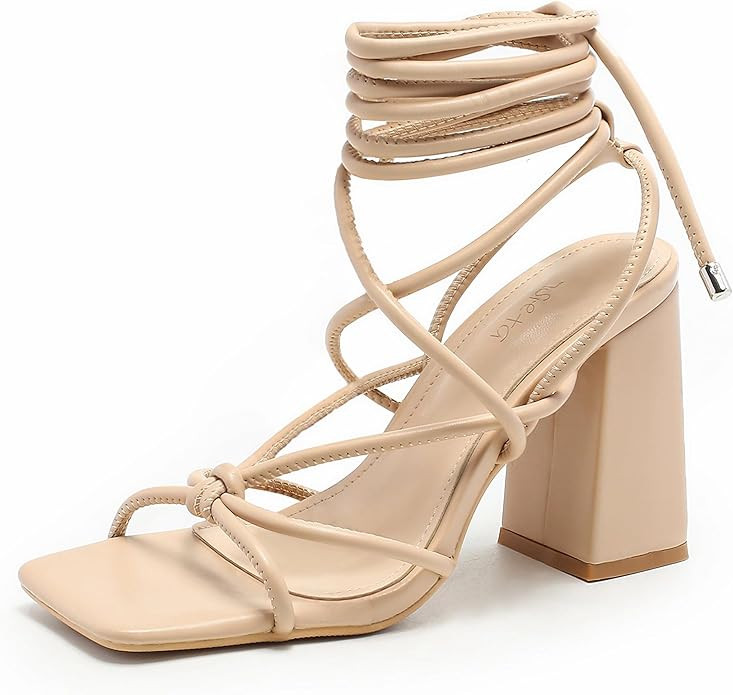 Womens Strappy Heels Lace Up Chunky Heel Sandals, Cute Block Heel Wrap Sandals for Women Dressy S... | Amazon (US)