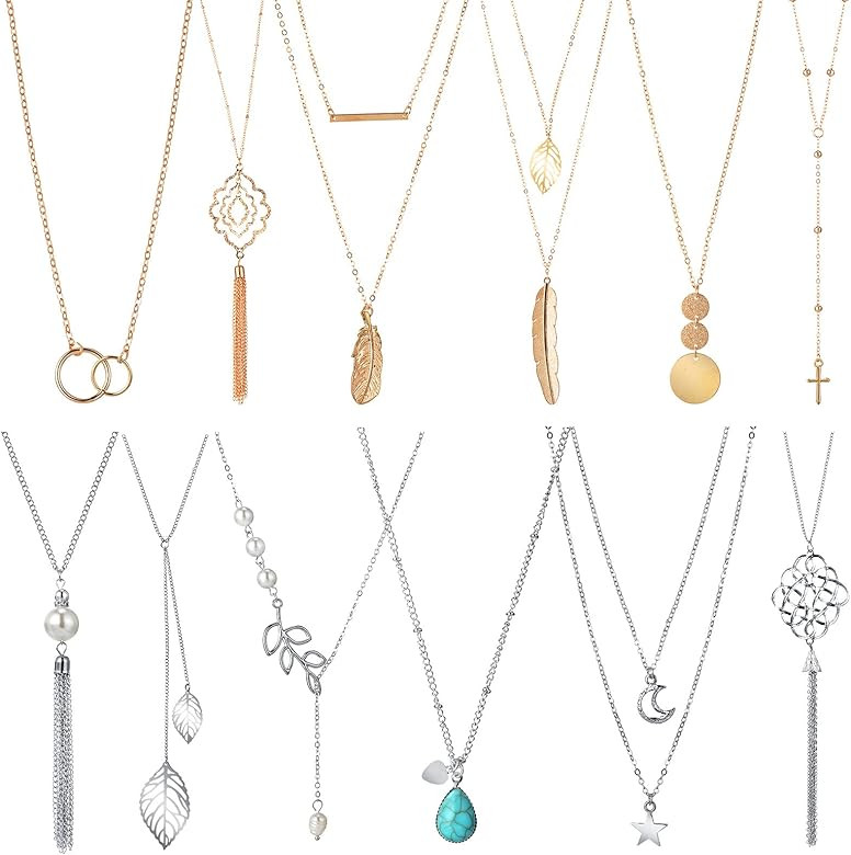Hicarer 12 Pieces Long Pendant Necklace Set Y Tassel Leaf Circle Bar Necklace for Women | Amazon (US)