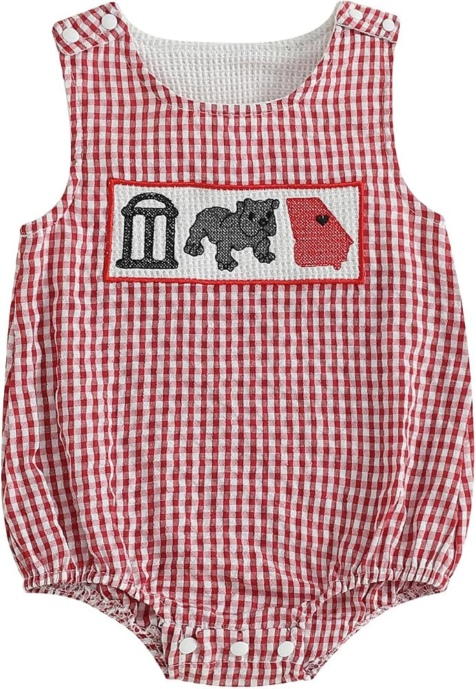 Baby Girl Boy Football Outfit College Football Bubble Romper Sleeveless Plaid Overalls Bodysuit G... | Amazon (US)