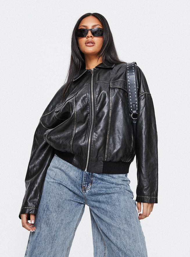 Tanza Faux Leather Jacket Washed Black | Princess Polly US