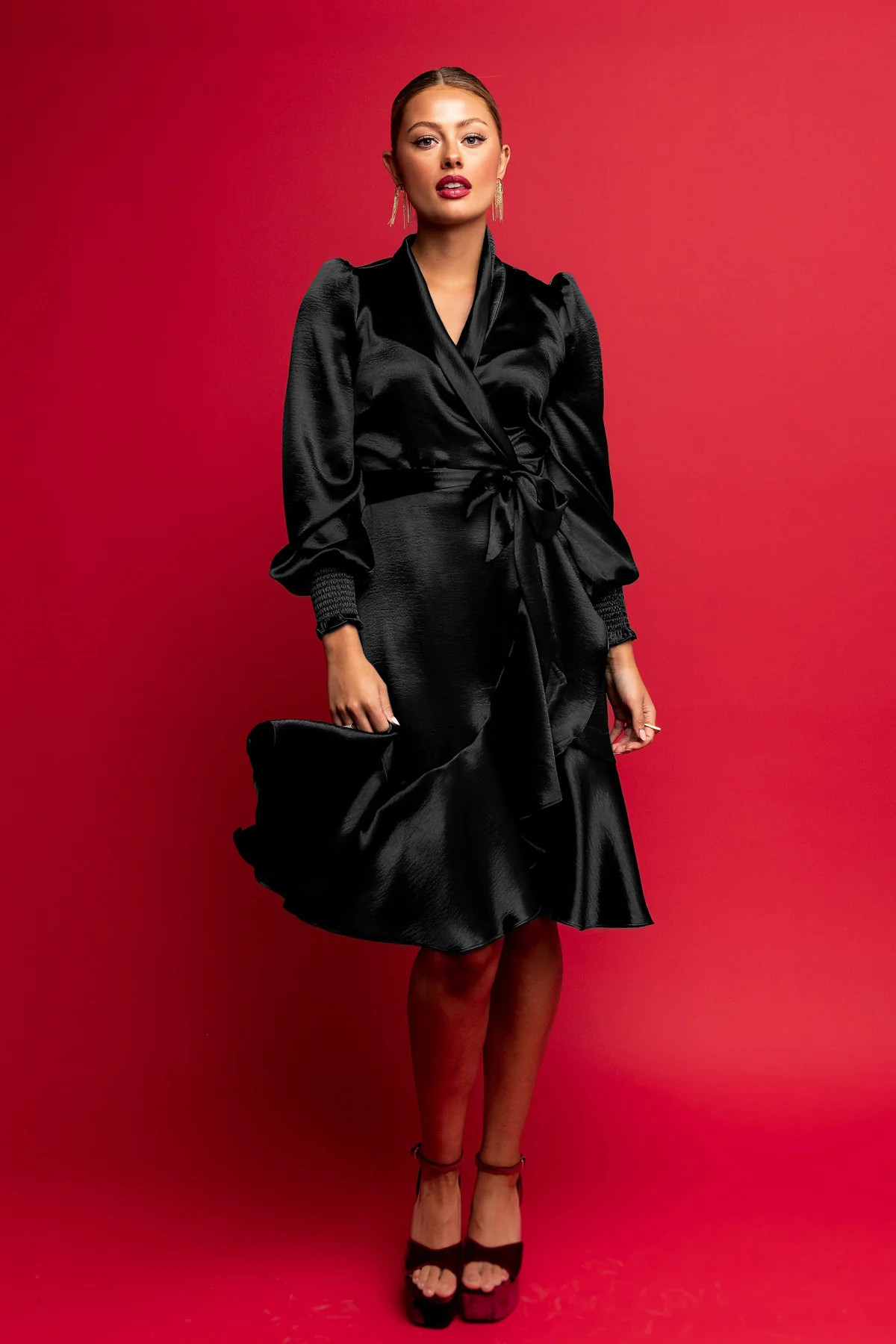 Long Sleeve Satin Wrap Dress - Black | Rachel Parcell