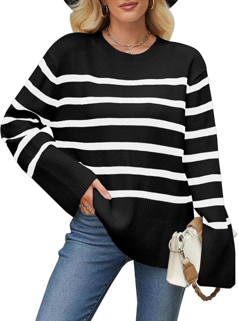 Imily Bela Womens 2023 Oversized Striped Sweater Crew Neck Long Sleeve Color Block Knit Side Slit... | Amazon (US)