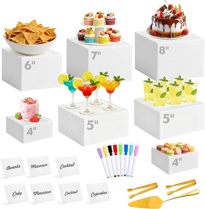 7 Pcs Buffet Risers with Mini Sign and Maker Serving Tongs Cake Cutter, White Acrylic Food Displa... | Amazon (US)