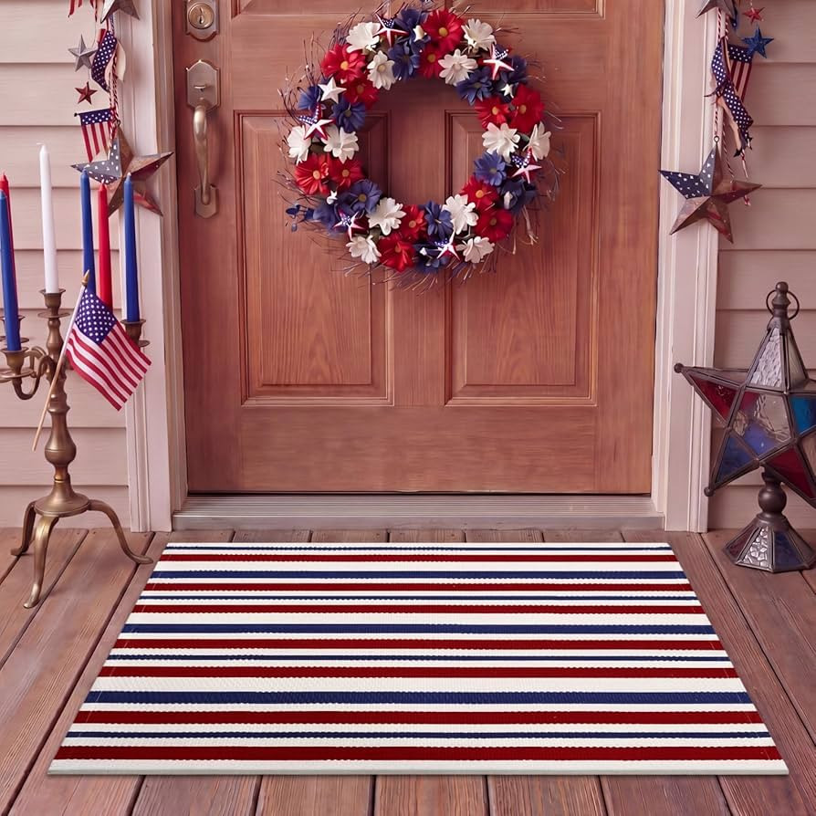 Moucuny Red Blue White Memorial Day Striped Rug 24'' x 35'' 250 Anniversary Mat Patriotic Outdoor... | Amazon (US)