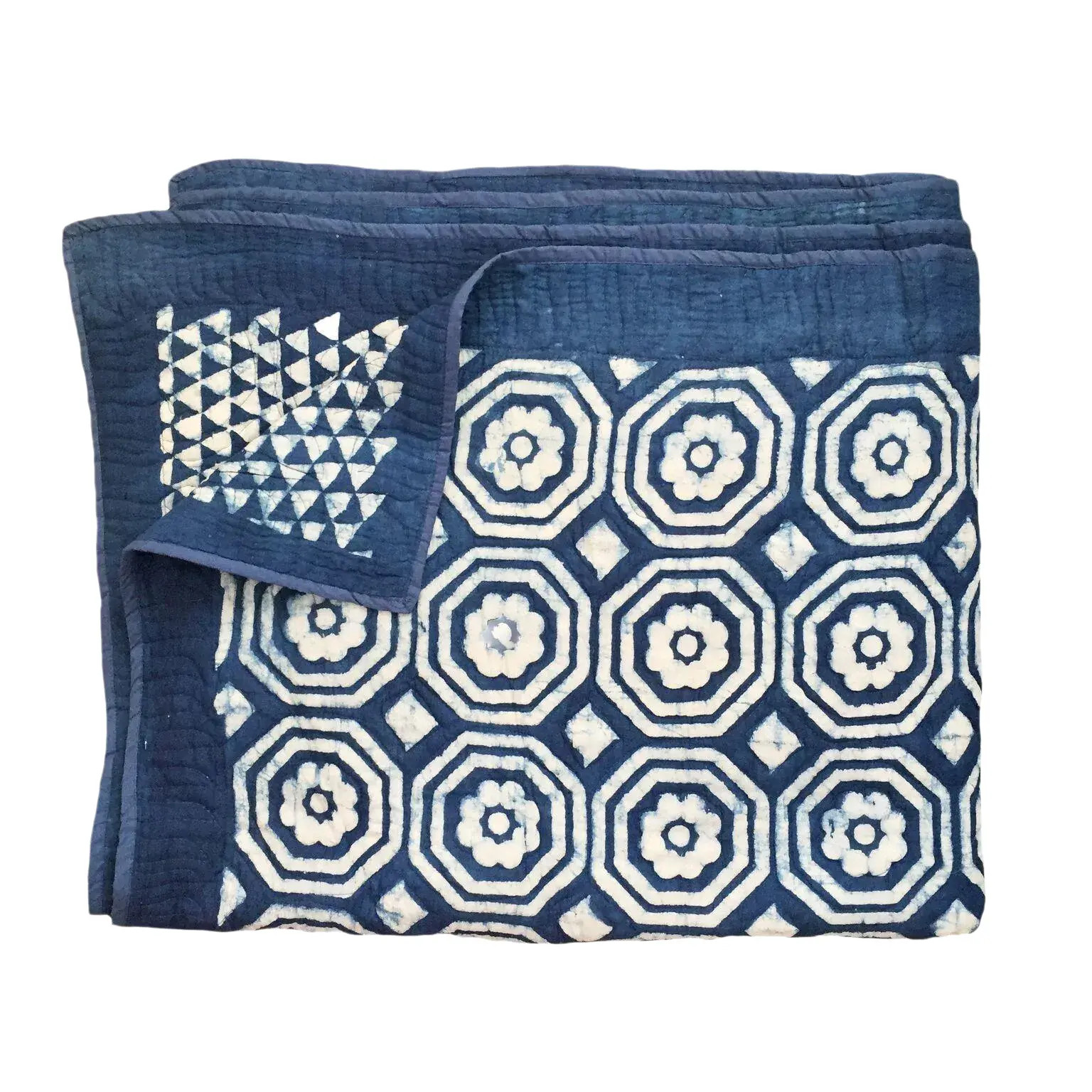 Contemporary Queen Mandir Navy Blue Cotton Quilt | Chairish