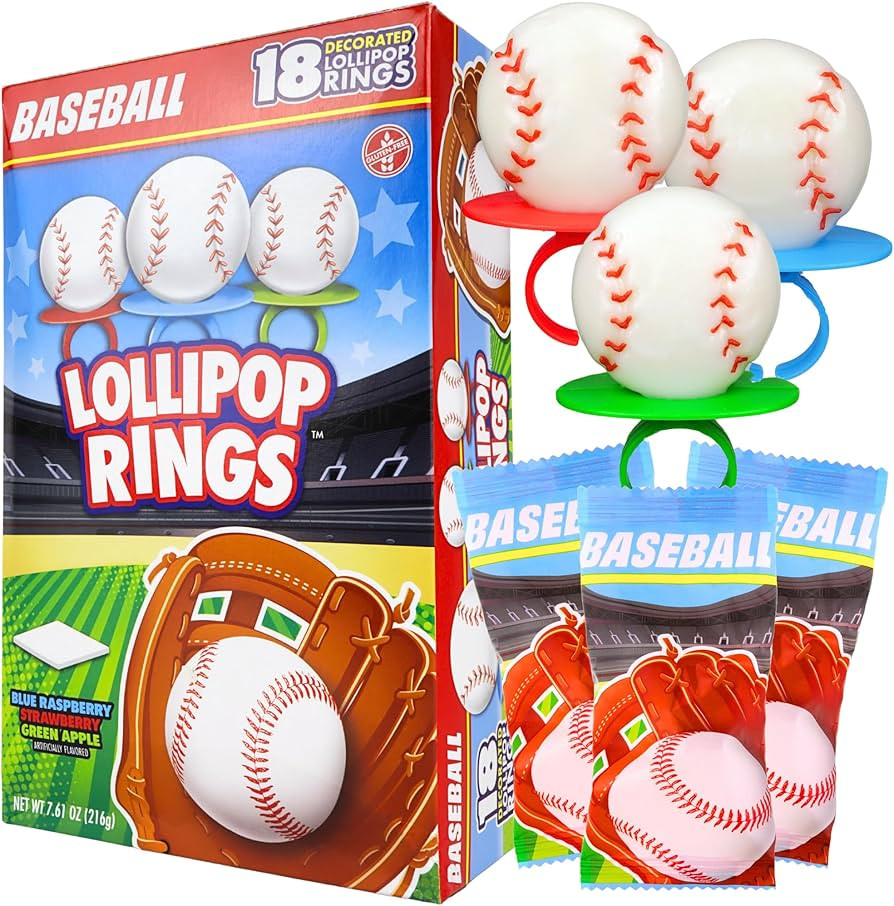 Baseball Lollipop Rings, Individually Wrapped Candy for Party Favors, Goodie Bags, and End of Sea... | Amazon (US)