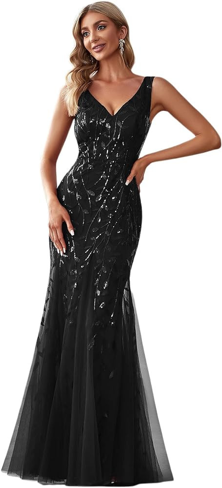 Ever-Pretty Women's Sequin Double V-Neck Sleeveless Mermaid Long Evening Dress 07886-USA | Amazon (US)