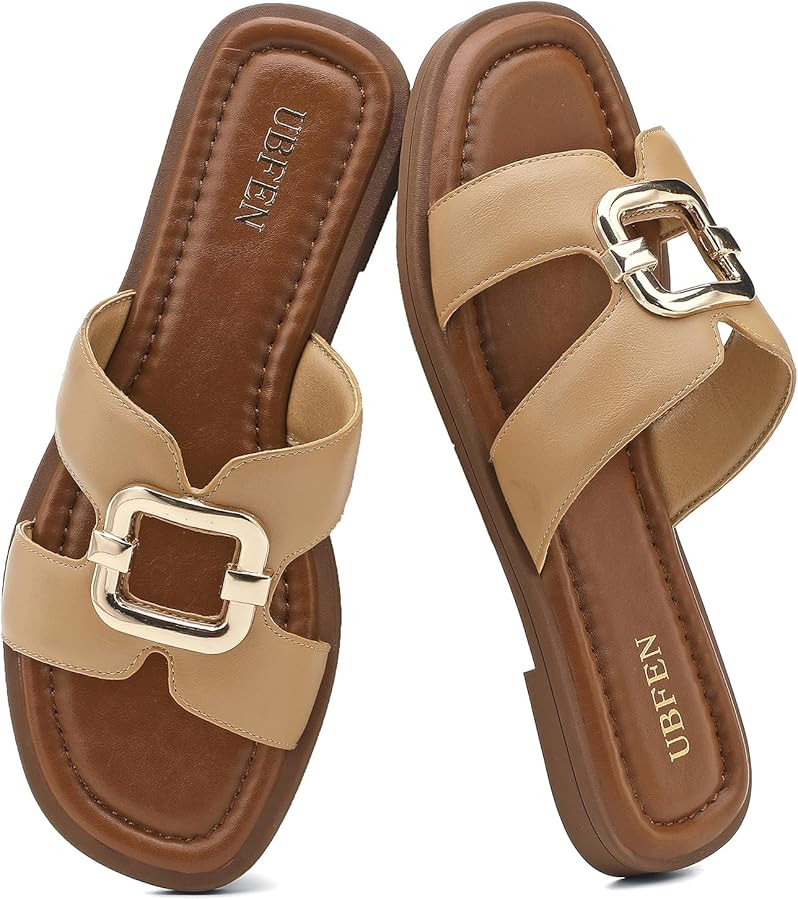 UBFEN Women's Square Toe H-Strap Slide Sandals Trendy Comfortable Summer Flat Sandals for Casual,... | Amazon (US)