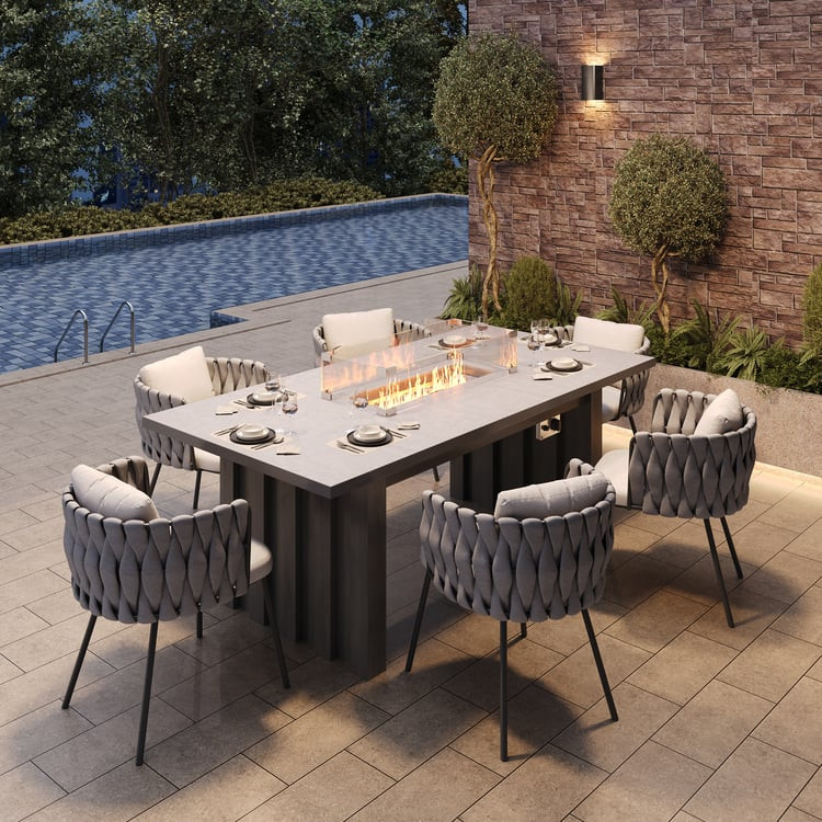 7 Pieces Gray Aluminum Outdoor Fire Patio Dining Set with Woven Armchair | Homary