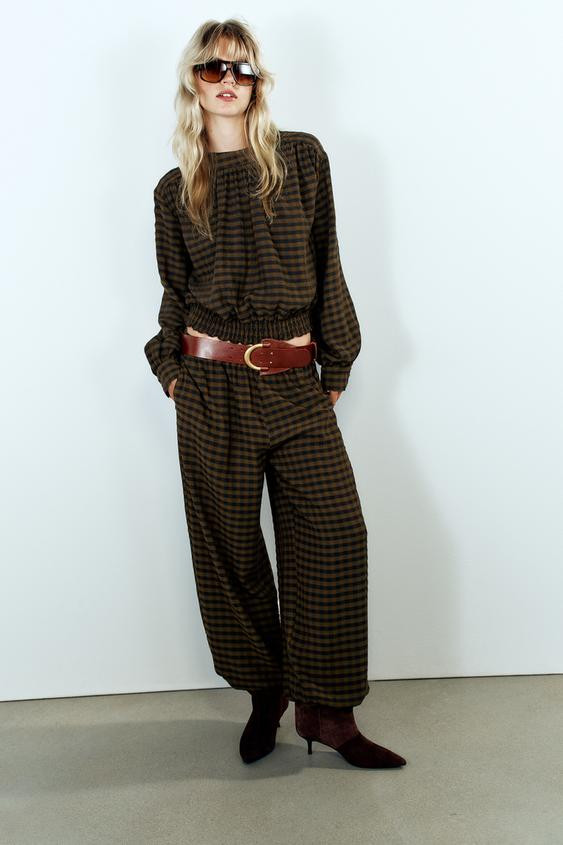 Zara - Plaid Blouse - Dark Brown - M - Woman | Zara US