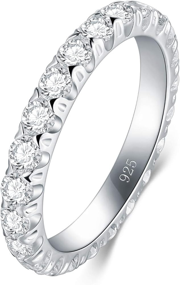 BORUO Sterling Silver Cubic Zirconia Ring - Elegant 3mm Silver Band - Sterling Silver Rings for W... | Amazon (US)