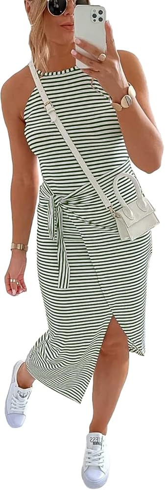 NOLLSOM Women Casual Sleeveless Striped Tank Midi Dresses Halter Neck Ruched Bodycon DressesTie Wais | Amazon (US)