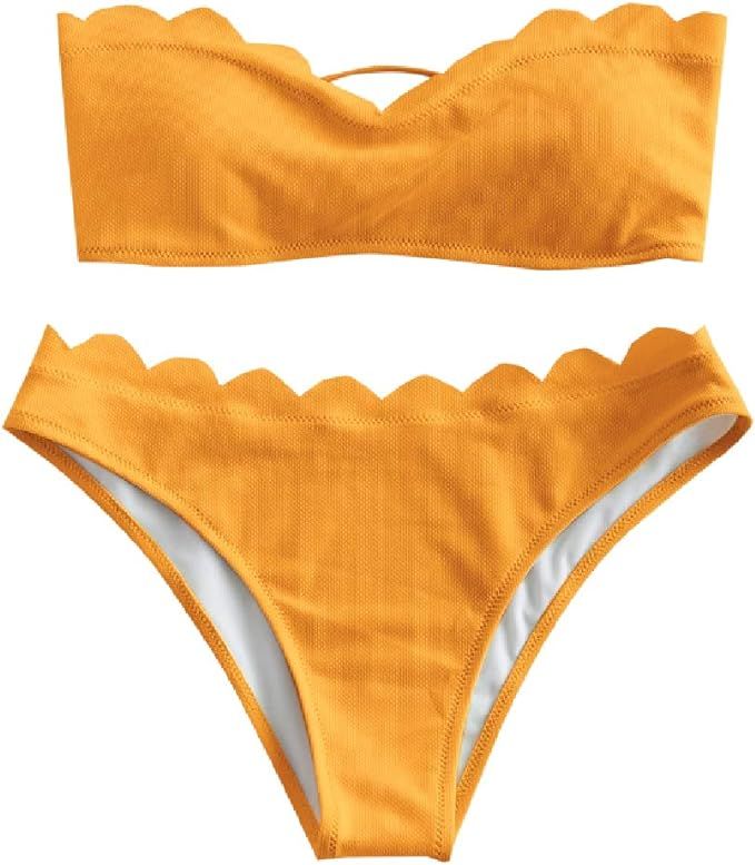 ZAFUL Women's Textured Scalloped Lace-Up Bandeau Bikini Set Two Piece Bathing Suit | Amazon (US)