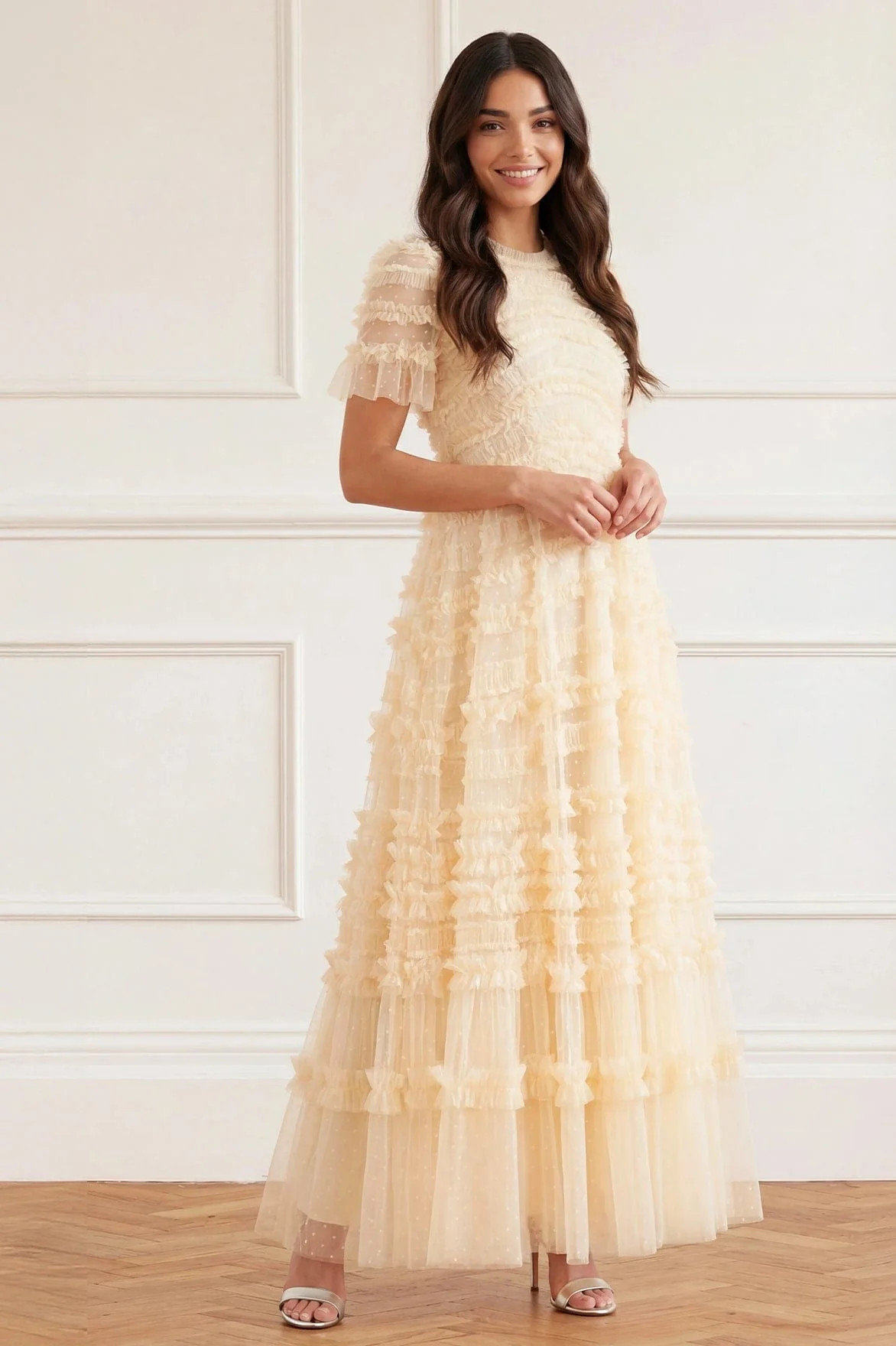 Amara Round Neck Ruffle Gown | Needle & Thread