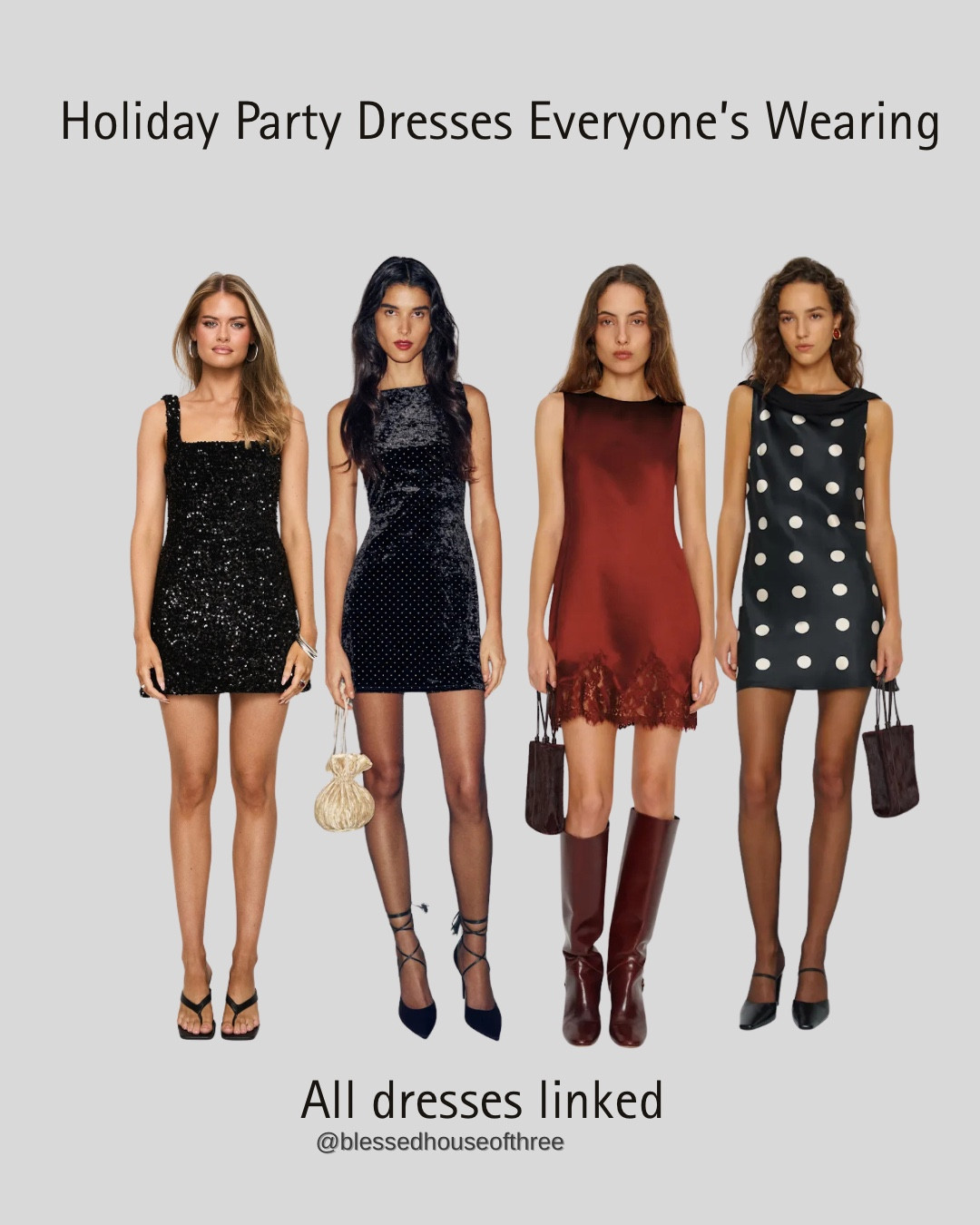 Holiday party season is here and these are the dresses everyone is wearing. From classic black sequins to sheer, lace, and timeless polka dots, these party-perfect styles work for cocktail parties, work events, and festive nights out. Chic, flattering, and so easy to dress up or down — all the best holiday party dresses linked in one place.

holiday party dresses, holiday party outfits, cocktail party dresses, festive dresses for women, black sequin dress, sheer black mini dress, lace trim holiday dress, polka dot mini dress, little black dress holiday, Christmas party outfit ideas, New Year’s Eve dresses, work holiday party outfit, trendy holiday dresses 2025, party dress inspiration, holiday fashion trends, women’s party outfits, dressy outfits for holiday season, LTK holiday outfit ideas, shop party dresses online


#LTKHoliday #LTKSeasonal