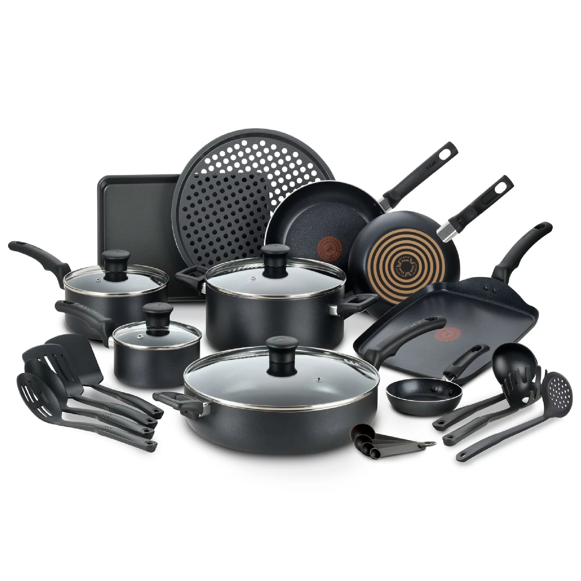 T-fal Kitchen Solutions 22-Piece Nonstick Cookware Set, Thermospot, Black | Walmart (US)