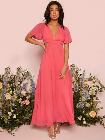 SHEIN Belle Plunging Neck Butterfly Sleeve Cut Out Waist Bridesmaid Dress | SHEIN