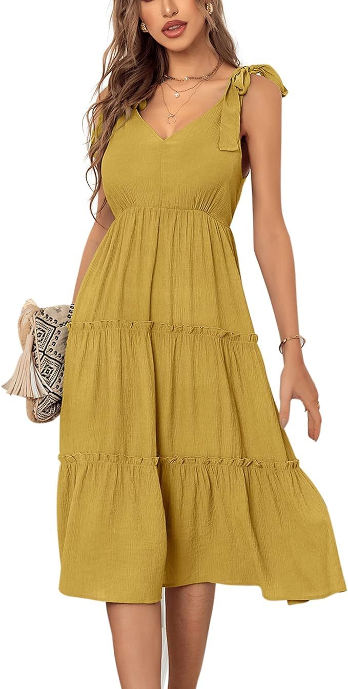 OUGES Womens Casual Summer V Neck Sexy Shoulder Tie Tiered Flowy Midi Dress | Amazon (US)
