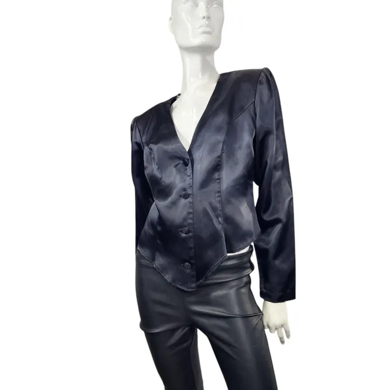 Vintage 80s 90s Black Satiny Blazer Blouse With Lace Back - Etsy Canada | Etsy (US)
