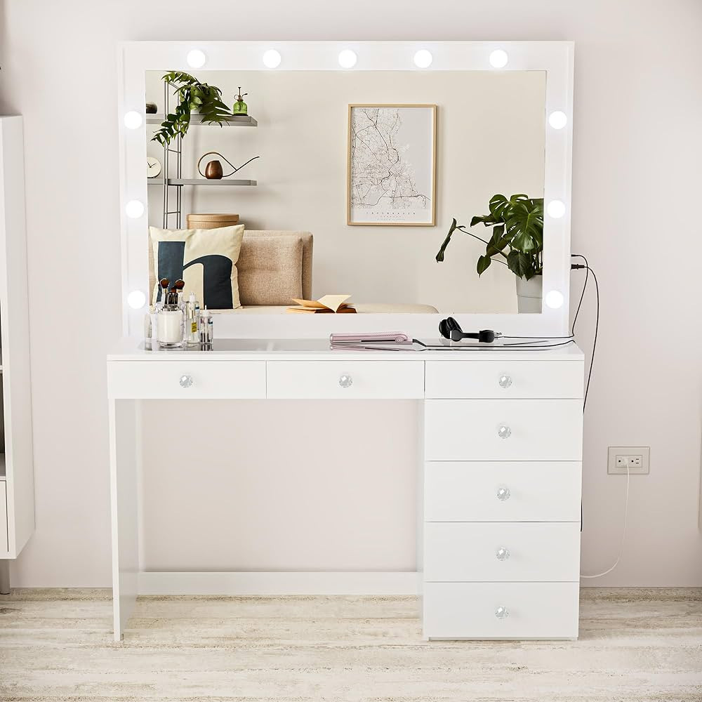 Boahaus Serena Modern Makeup Vanity with Lights, 7 Drawers, Vanity Mirror, Glass Top Vanity, Crys... | Amazon (US)