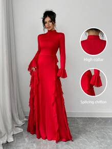 SHEIN Elenzya Women's Solid Color High Collar Bell Sleeve Ruffle Hem Elegant Long Dress | SHEIN