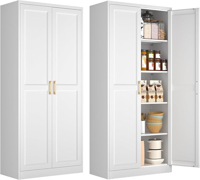 71" White Metal Kitchen Pantry Storage Cabinet with Doors and Shelves | Amazon (US)