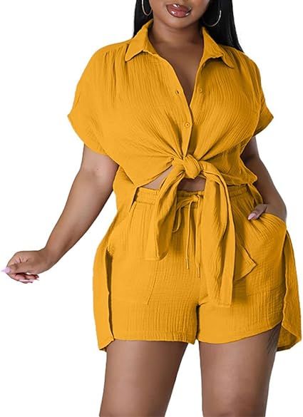 Falvurt Women 2 Piece Outfits Casual Tracksuit Short Sleeve Button Down Shirt and Shorts Set Summ... | Amazon (US)