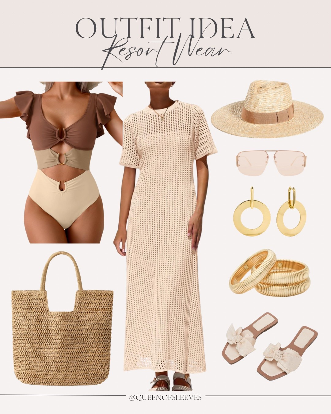 This neutral resort look is giving effortlessly luxe. I love how the ruffle-sleeve swimsuit pairs with the open-knit coverup for a chic but comfortable vibe. Just add gold accessories, a straw tote, and slides for an easy poolside-to-lunch outfit.

Amazon resort wear / vacation outfits for women / swimsuits with sleeves / Amazon swimsuits / neutral outfit ideas / beach vacation outfits / straw tote bag / knit cover up dress / Amazon fashion finds / resort outfit inspo

#LTKSeasonal #LTKStyleTip #LTKSwim