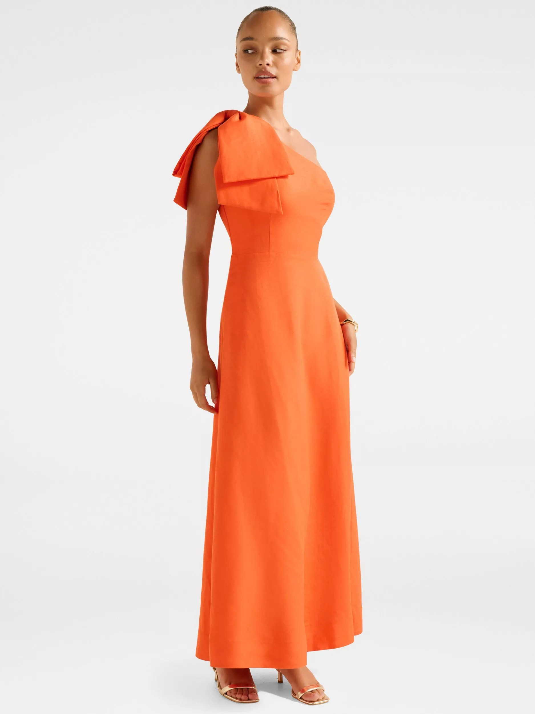 Forever New Danni Asymmetric Bow Linen Rich Midi Dress, Orange Fire | John Lewis (UK)