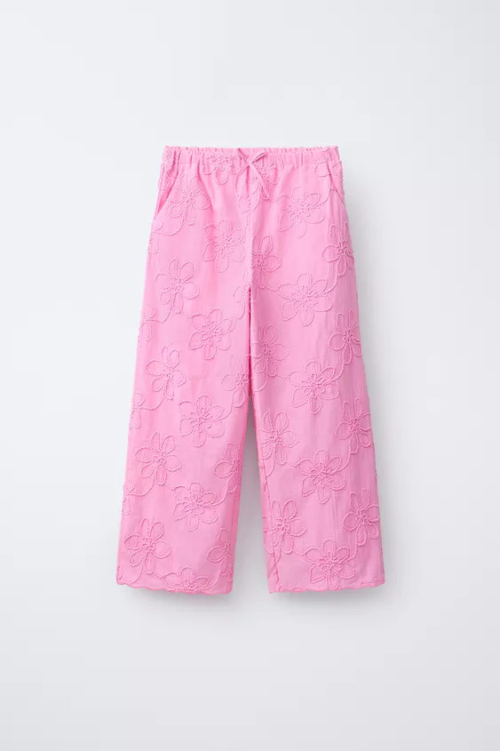 EMBROIDERED FLORAL WIDE LEG PANTS | Zara US