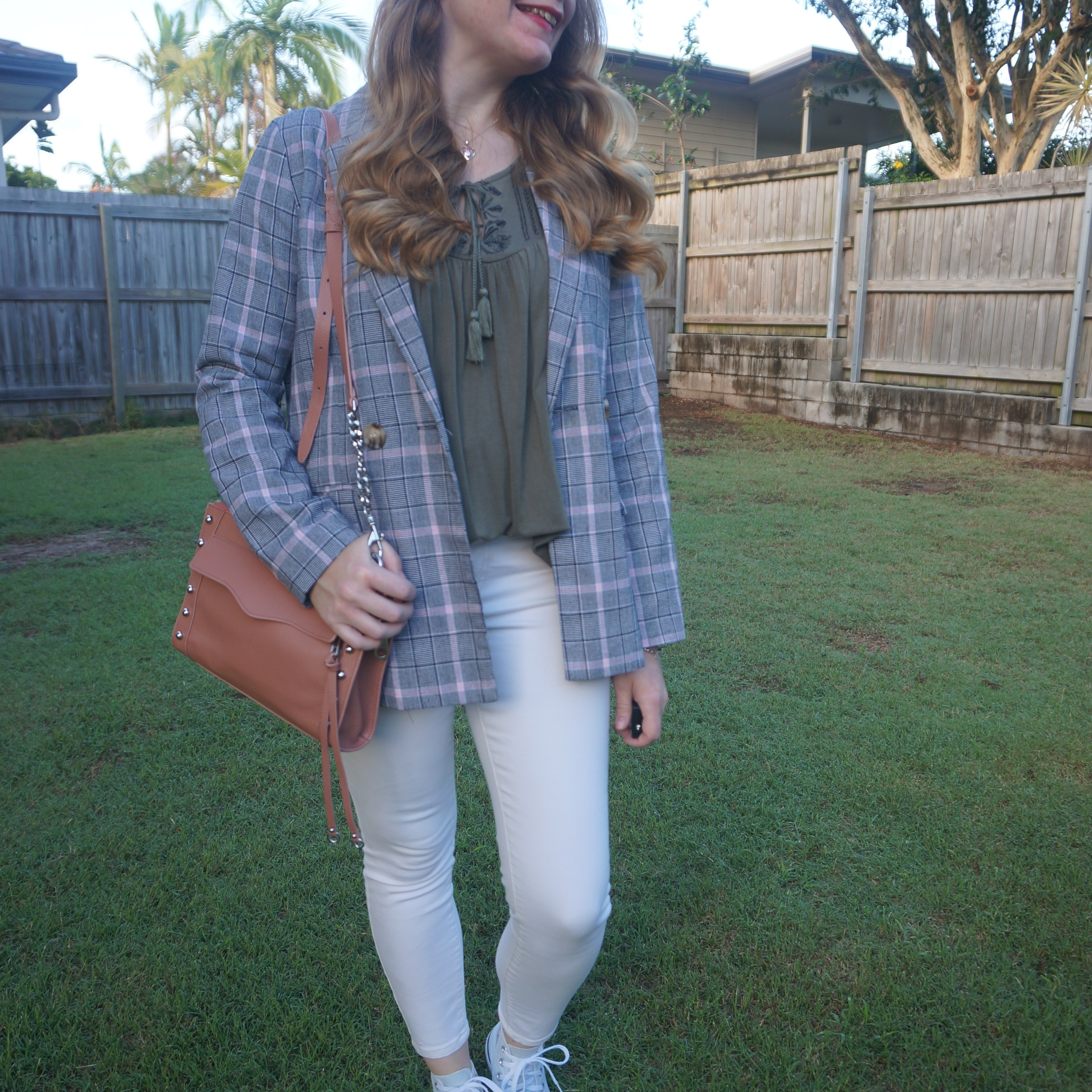 Oversized tartan blazer with olive embroidered tank, white skinny jeans and pink Rebecca Minkoff studded MAB crossbody bag 💚🩷

#LTKworkwear #LTKaustralia #LTKspring